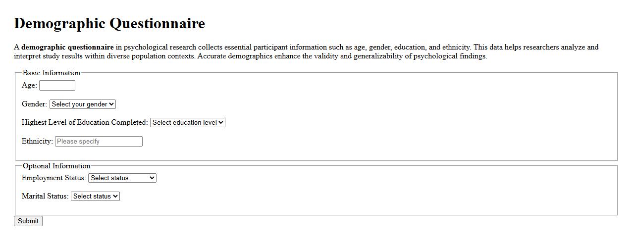 demographic questionnaire for psychological research image preview