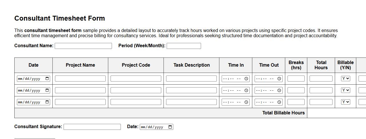 Detailed consultant timesheet form sample with project codes image preview
