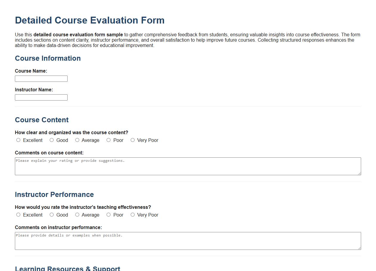 Detailed course evaluation form sample for feedback image preview