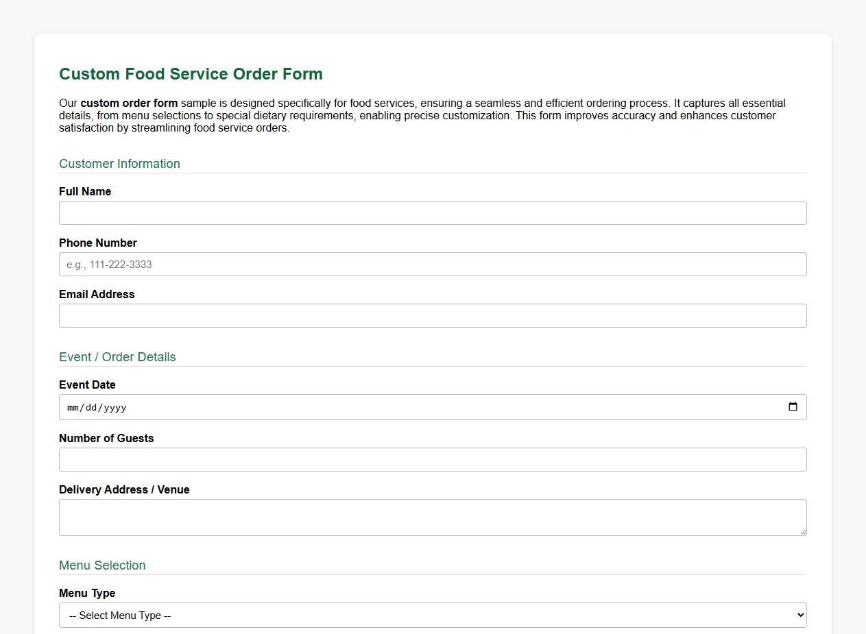 Detailed custom order form sample for food services image preview