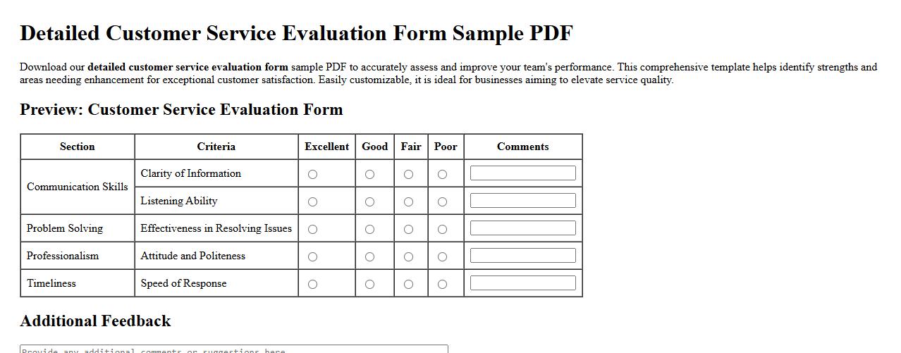 detailed customer service evaluation form sample pdf image preview
