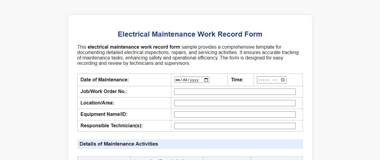 detailed electrical maintenance work record form sample image preview