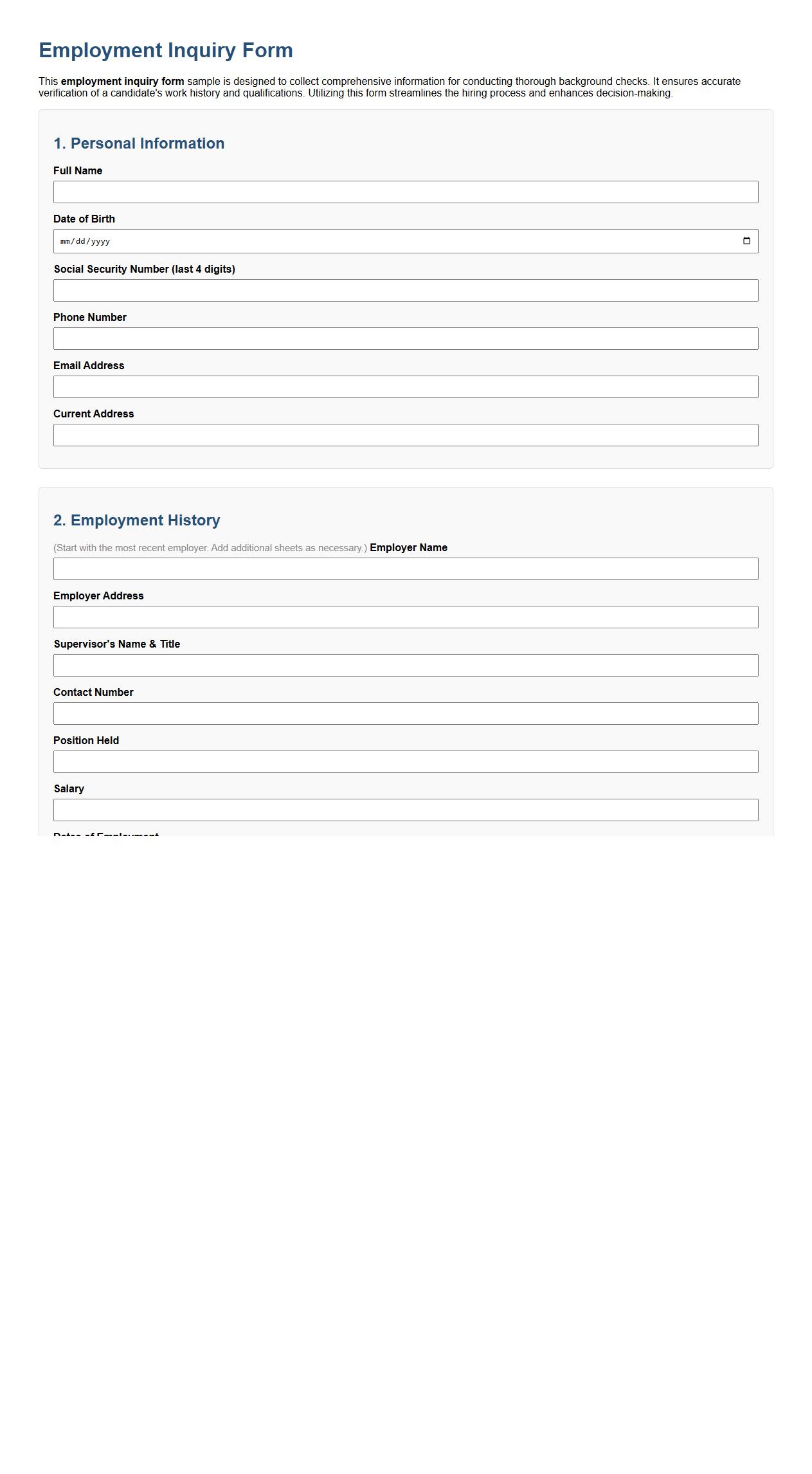detailed employment inquiry form sample for background check image preview