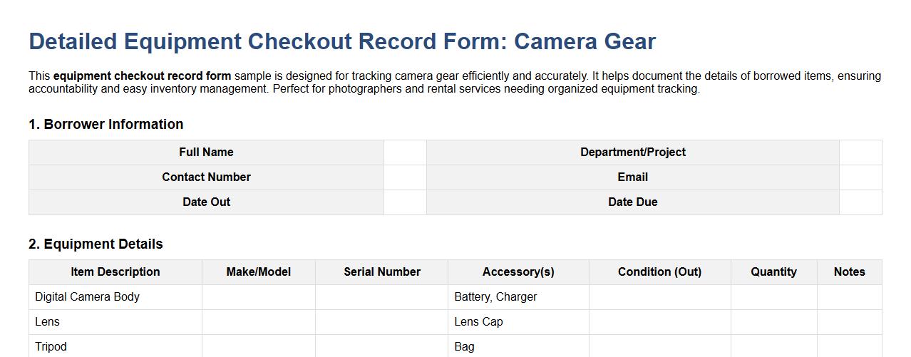 detailed equipment checkout record form sample for camera gear image preview