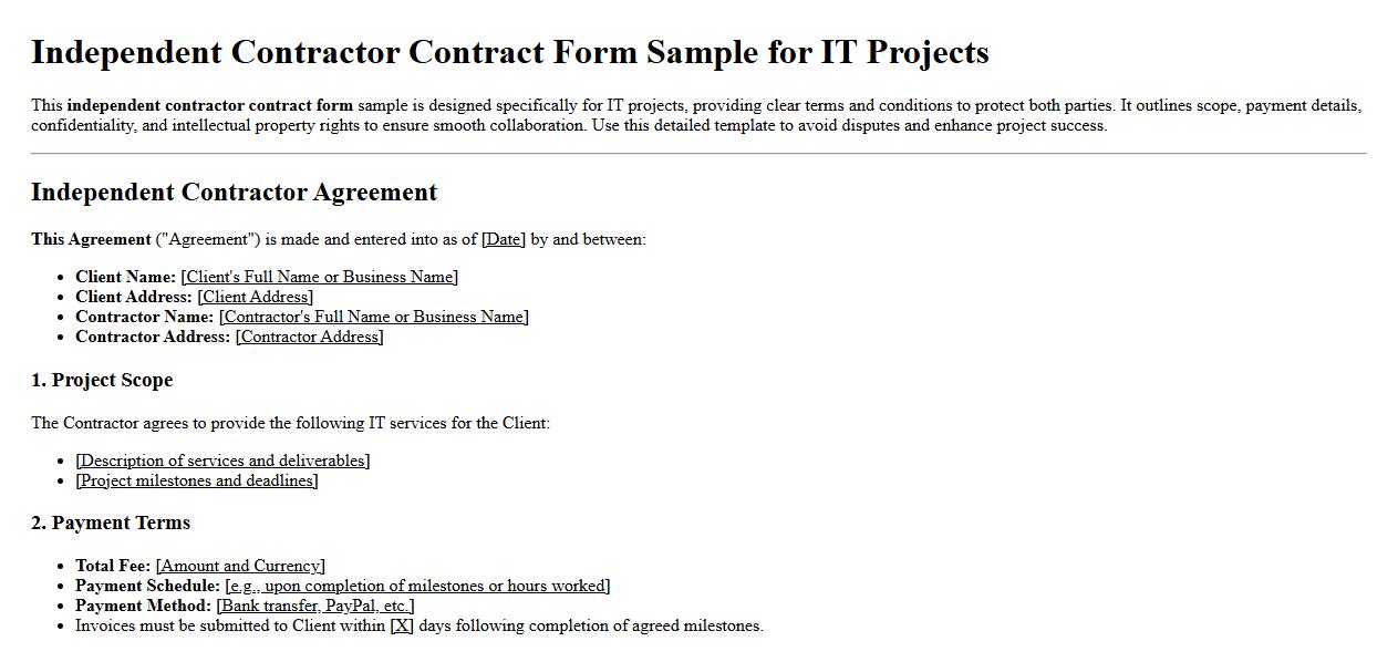 Detailed independent contractor contract form sample for IT projects image preview