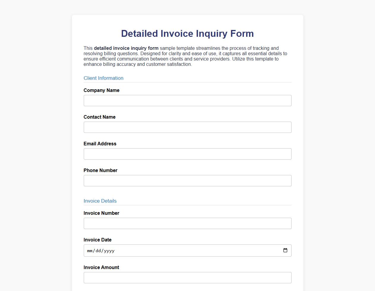 detailed invoice inquiry form sample template image preview