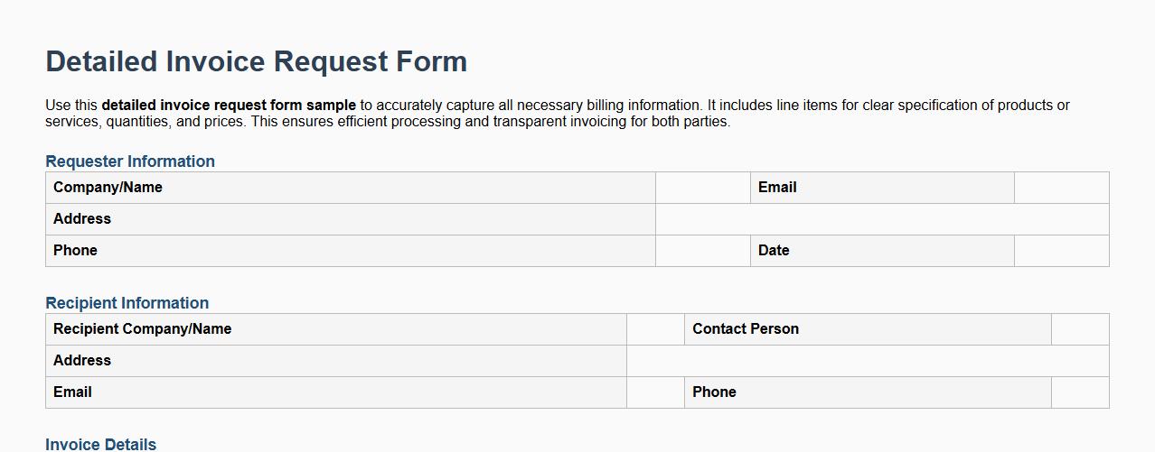 detailed invoice request form sample with line items image preview