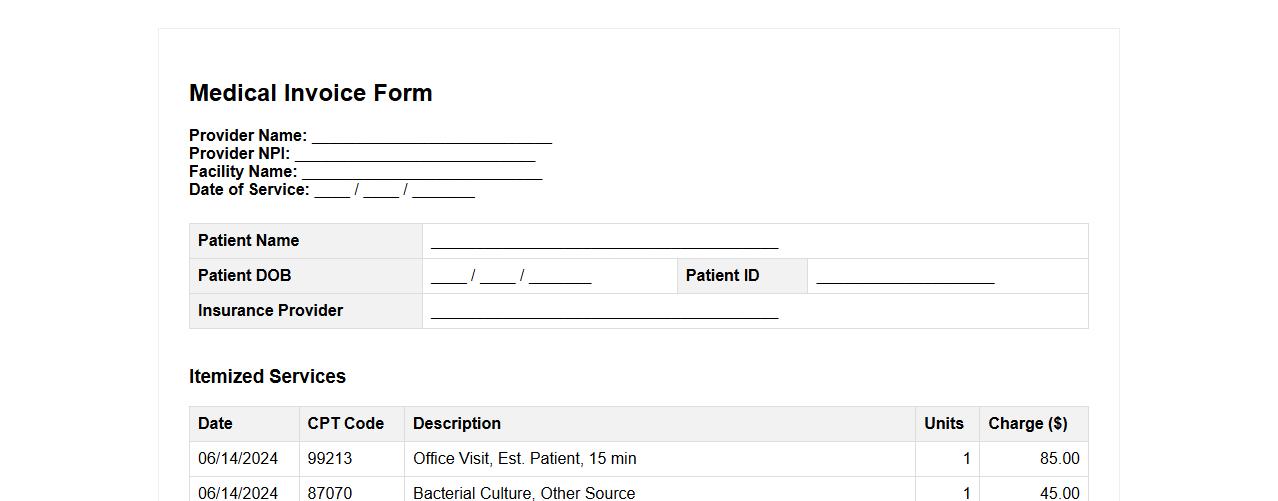 detailed medical invoice form sample with CPT codes image preview