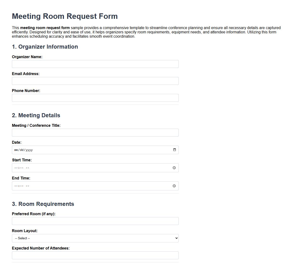 Detailed meeting room request form sample for conference image preview