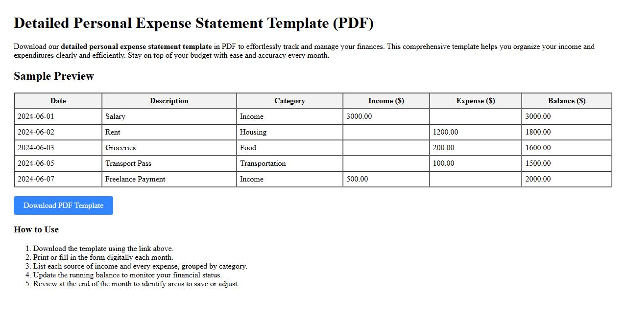 detailed personal expense statement template in pdf image preview