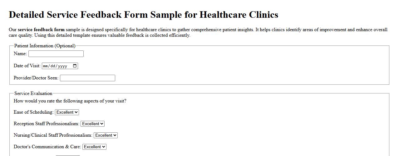 Detailed service feedback form sample for healthcare clinics image preview