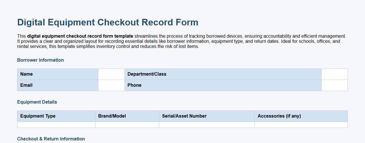 digital equipment checkout record form template image preview