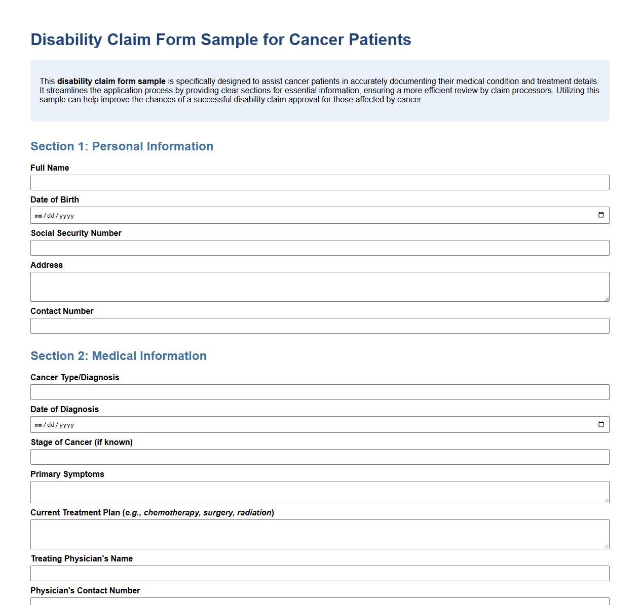 Disability claim form sample for cancer patients image preview