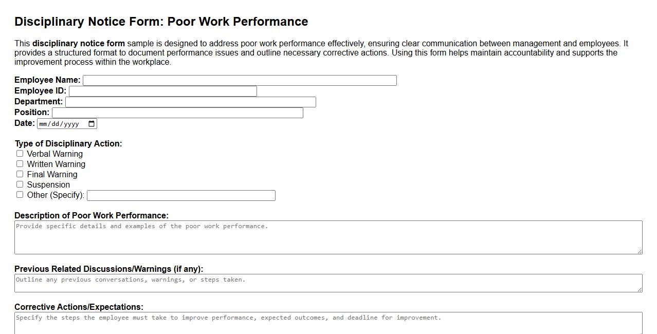 disciplinary notice form sample for poor work performance image preview