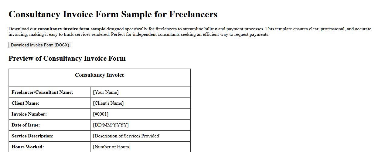downloadable consultancy invoice form sample for freelancers image preview