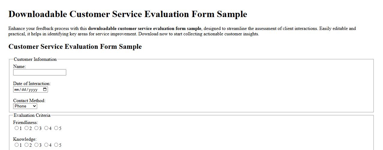 downloadable customer service evaluation form sample image preview