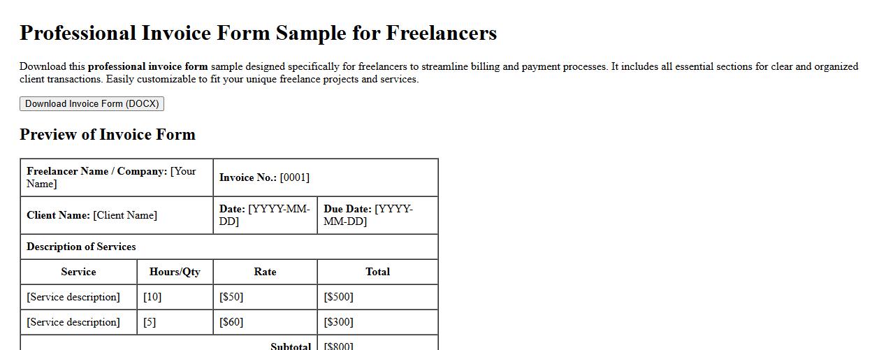 downloadable professional invoice form sample for freelancers image preview