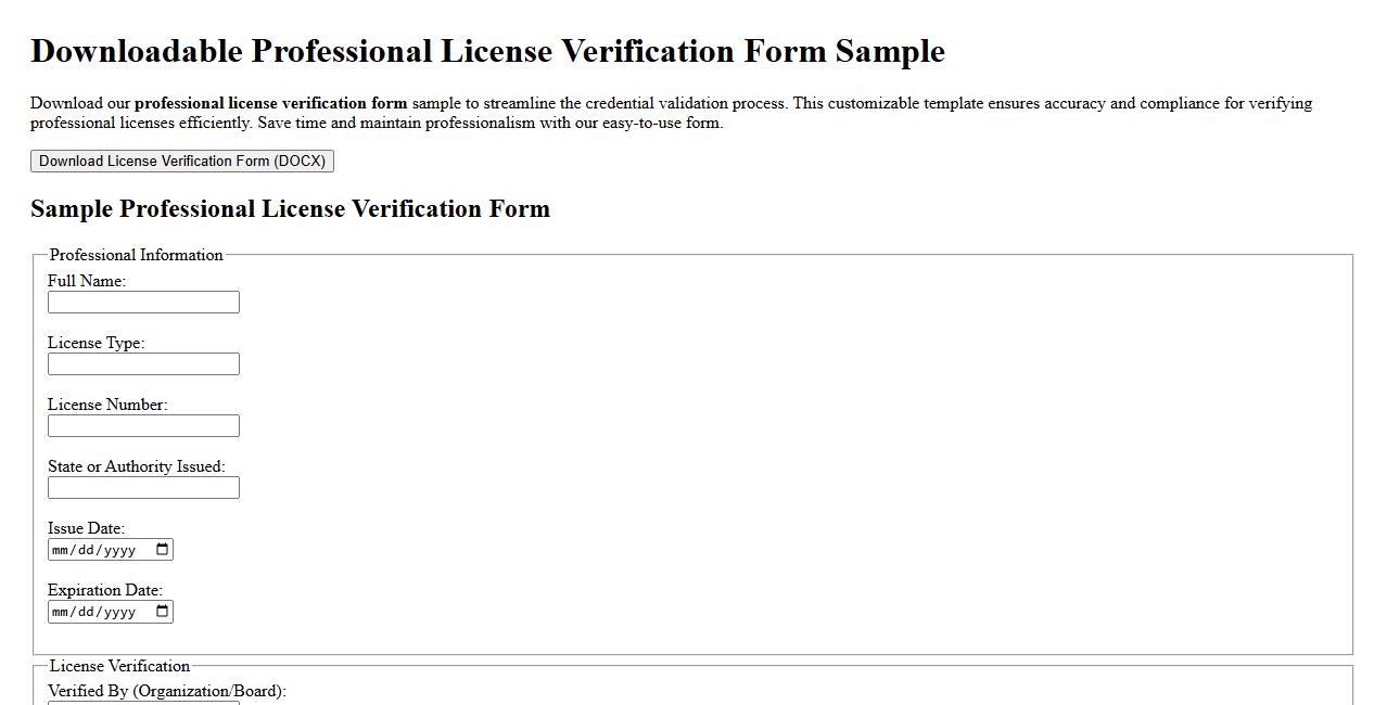 downloadable professional license verification form sample image preview
