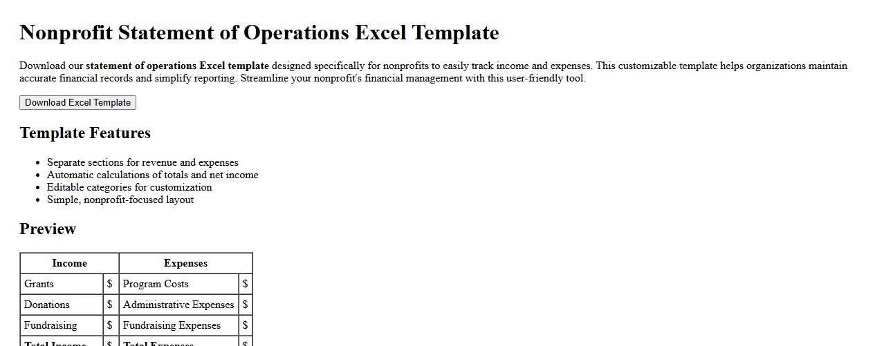 downloadable statement of operations Excel template for nonprofits image preview