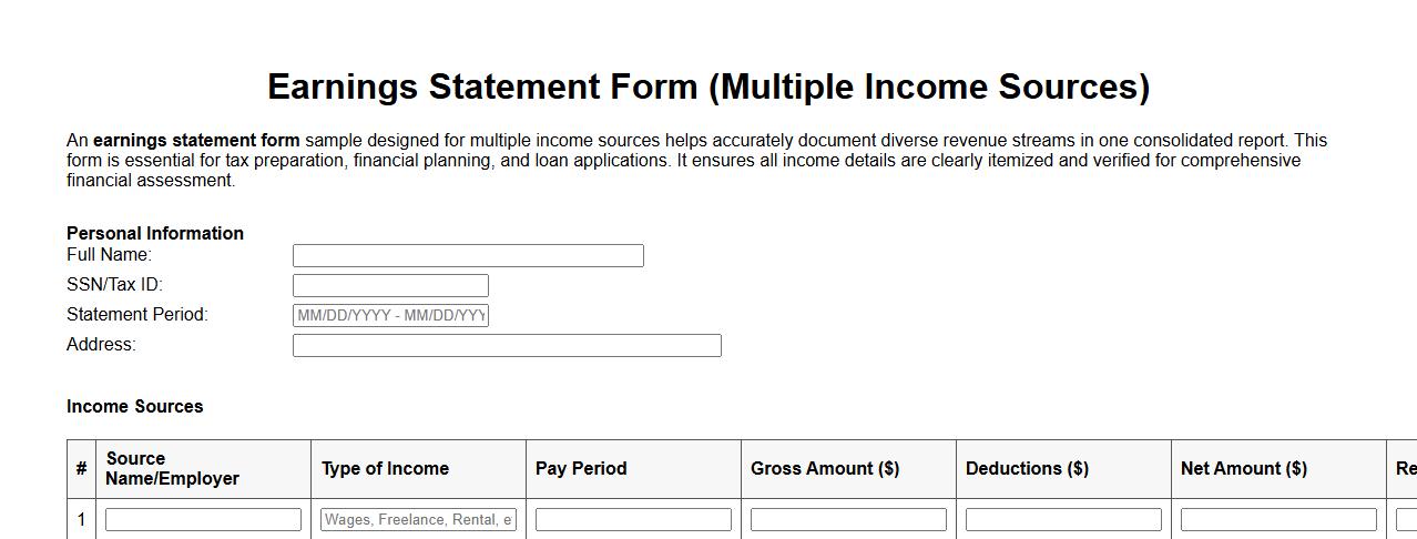 earnings statement form sample for multiple income sources image preview