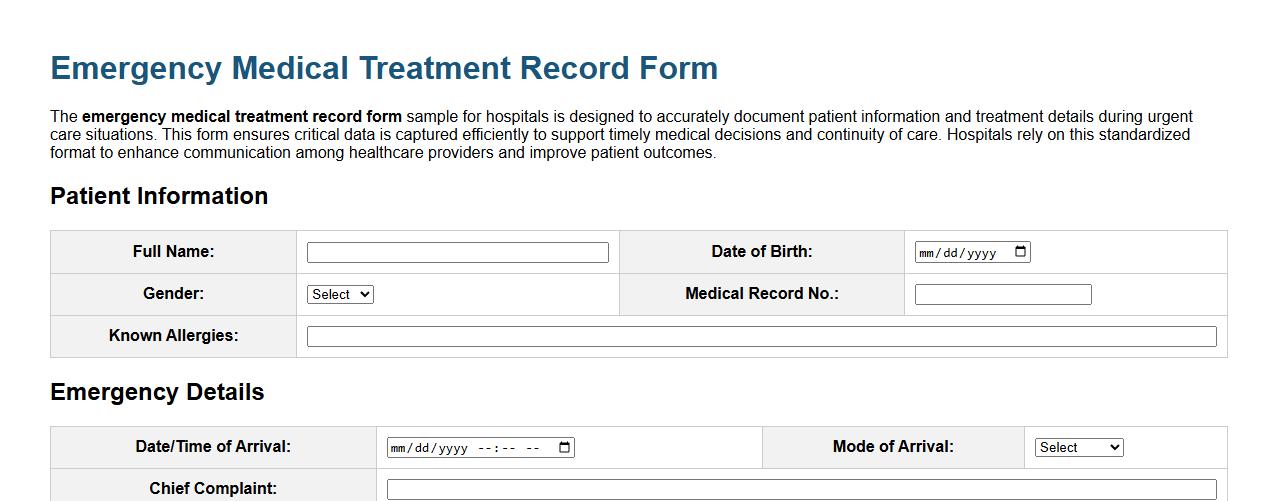 Emergency medical treatment record form sample for hospitals image preview