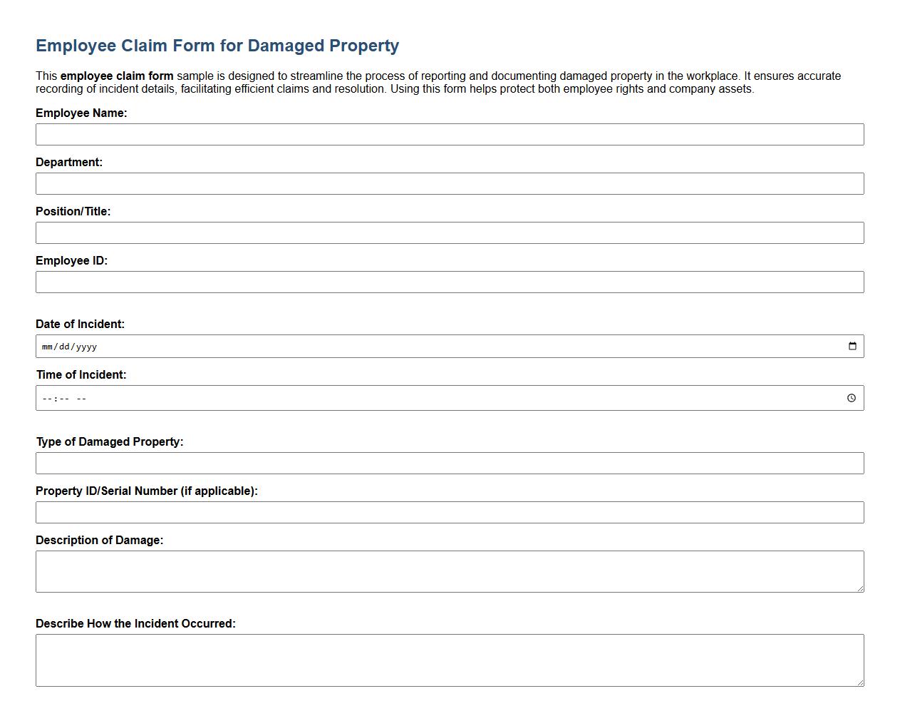Employee claim form sample for damaged property image preview