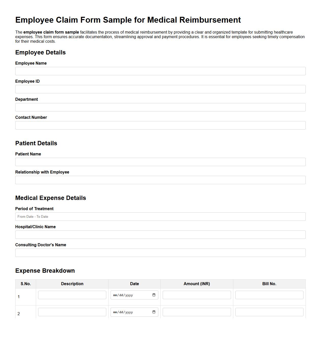 Employee claim form sample for medical reimbursement image preview