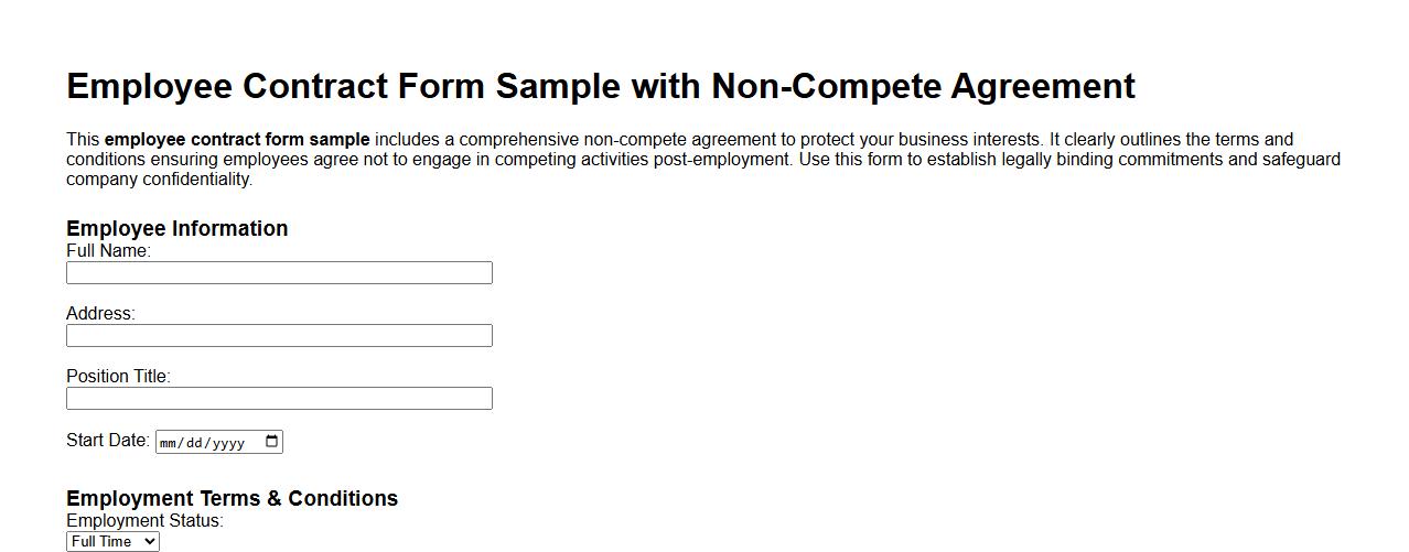Employee contract form sample with non-compete agreement image preview