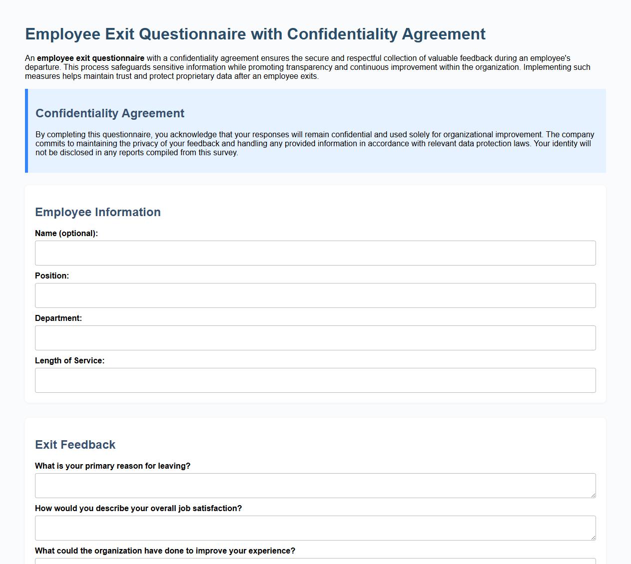Employee exit questionnaire with confidentiality agreement image preview