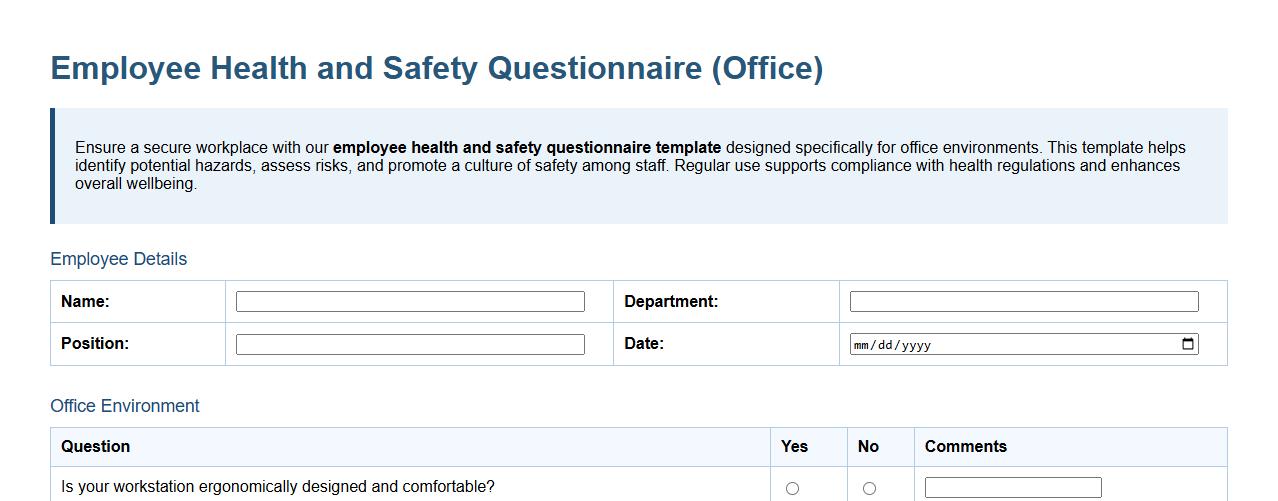 employee health and safety questionnaire template for office image preview