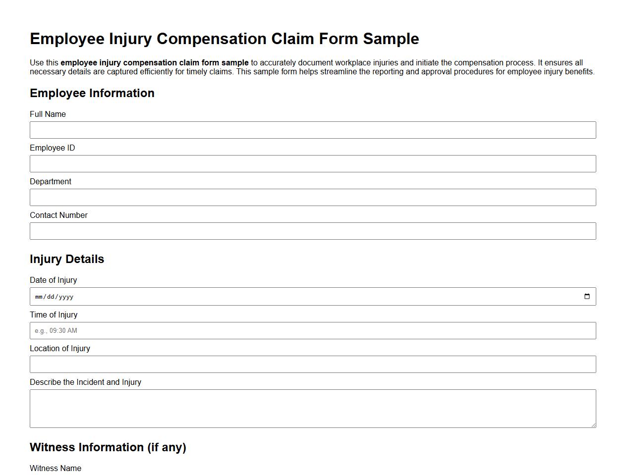 Employee injury compensation claim form sample image preview