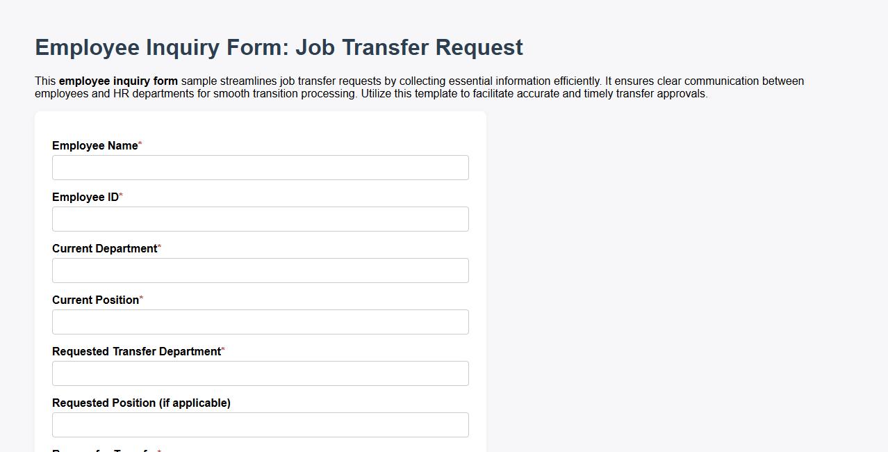 Employee inquiry form sample for job transfer requests image preview