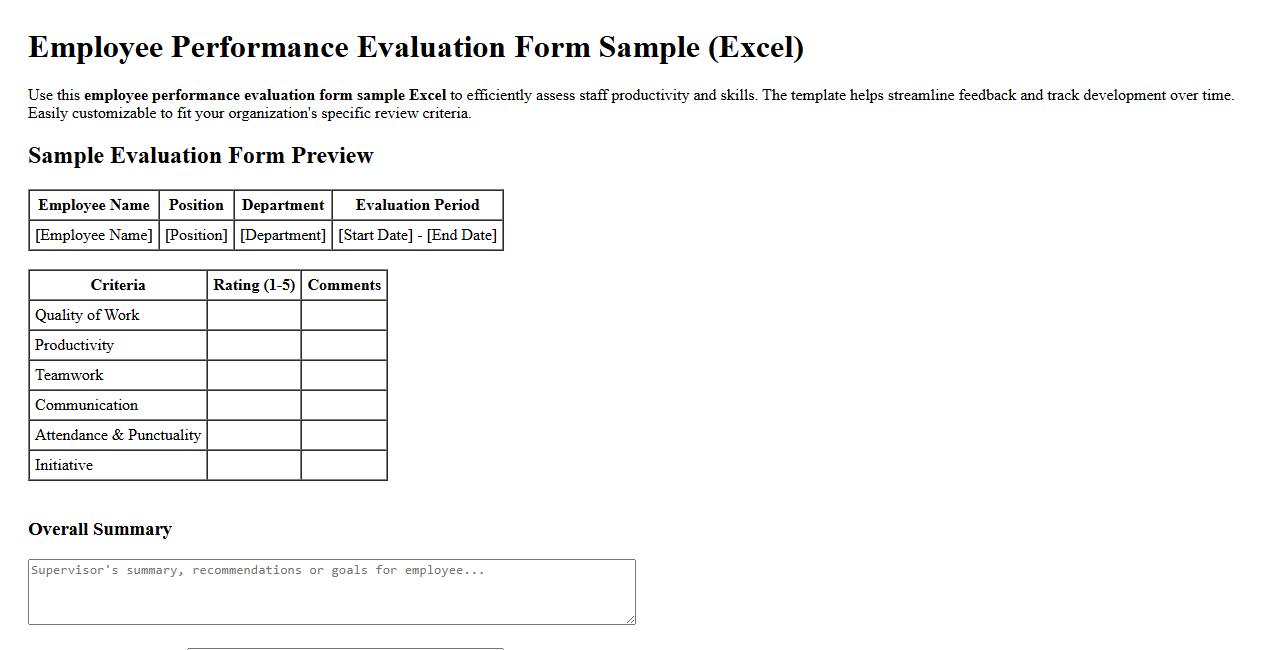 employee performance evaluation form sample excel image preview