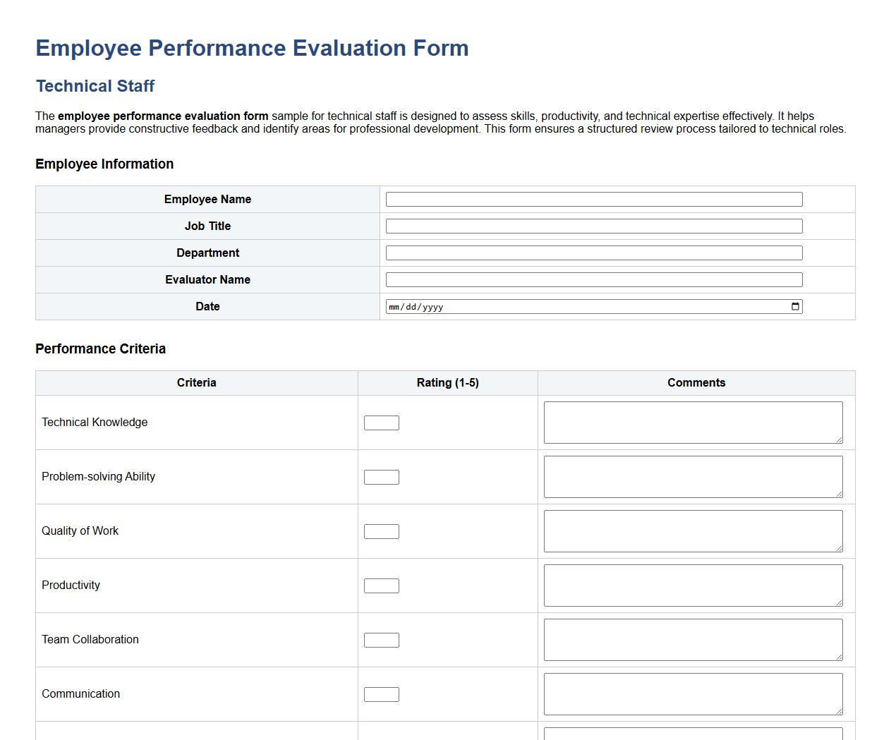Employee performance evaluation form sample for technical staff image preview