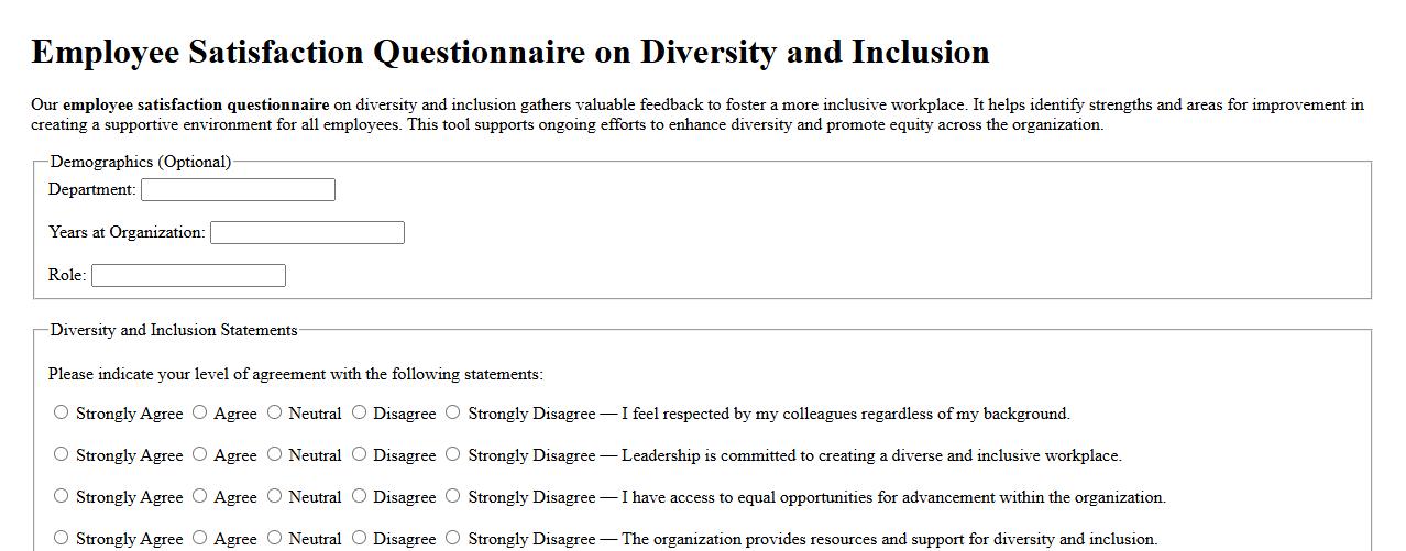 Employee satisfaction questionnaire on diversity and inclusion image preview