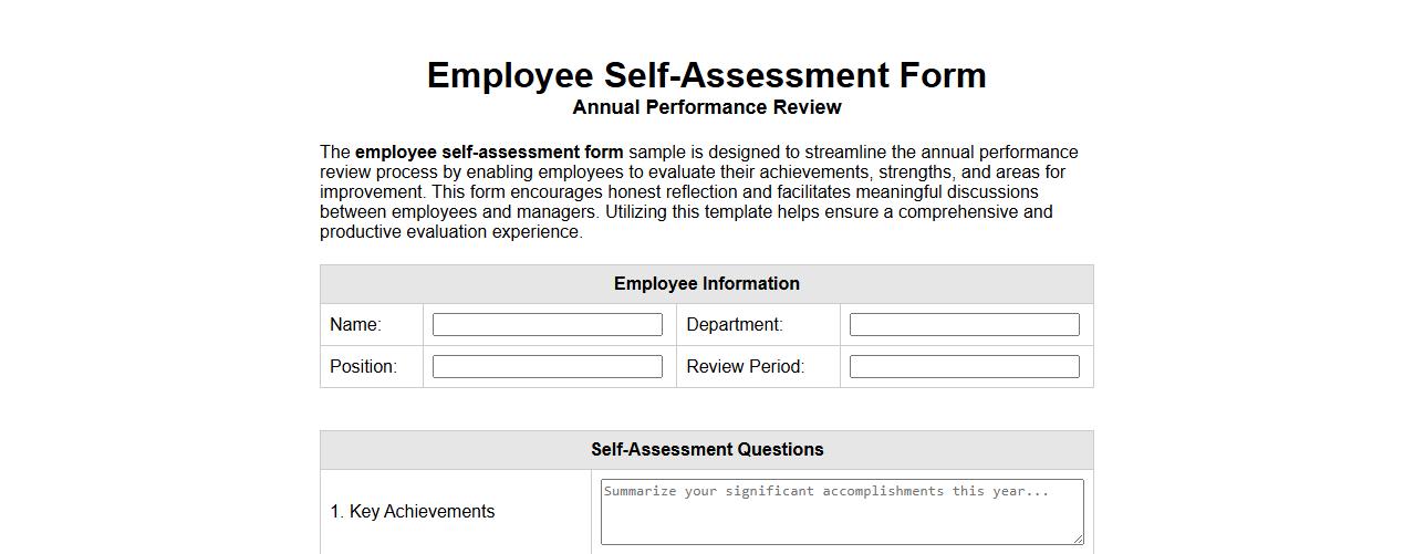 employee self-assessment form sample for annual performance review image preview