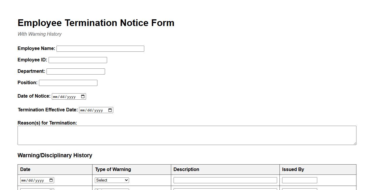 employee termination notice form sample with warning history image preview