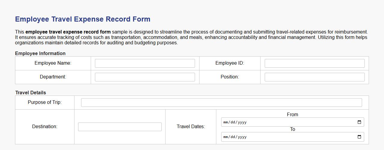 Employee travel expense record form sample image preview