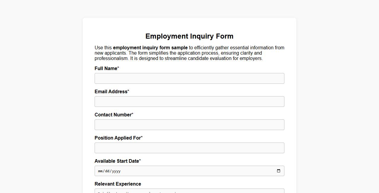 employment inquiry form sample for new applicants image preview