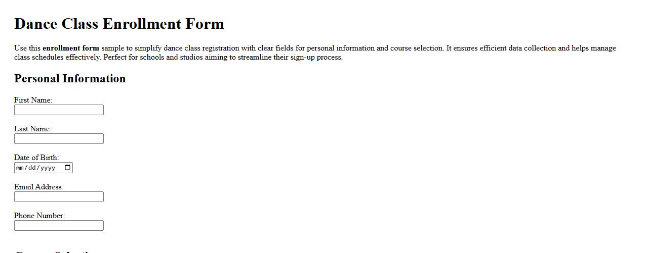 Enrollment form sample for dance class registration image preview