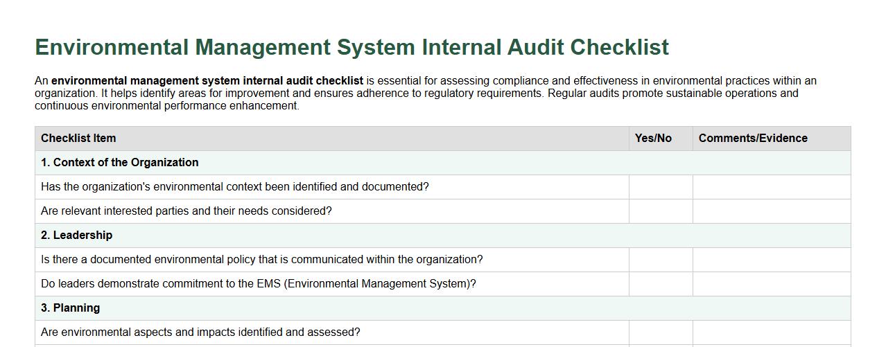 Environmental management system internal audit checklist image preview
