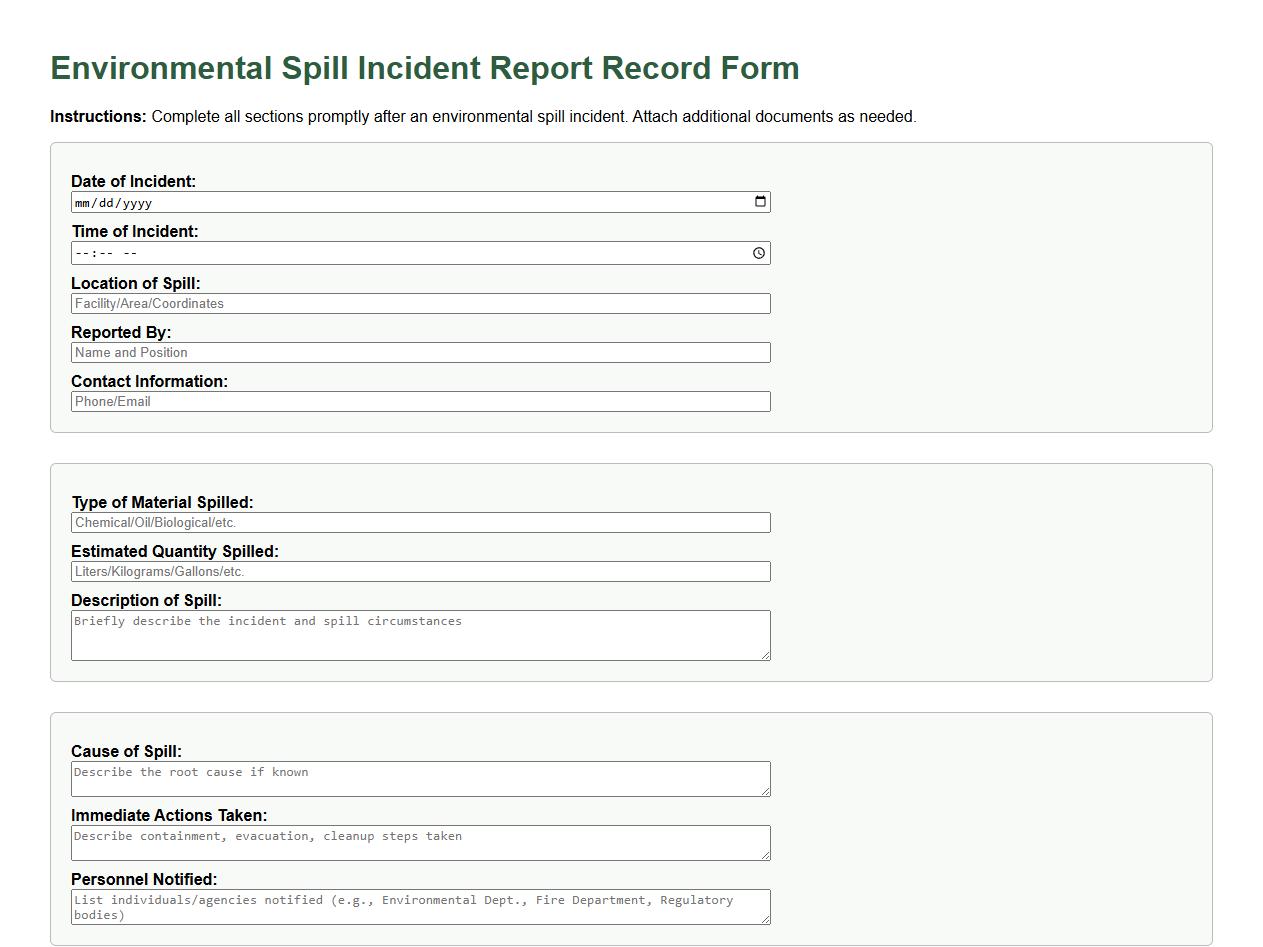 environmental spill incident report record form sample image preview