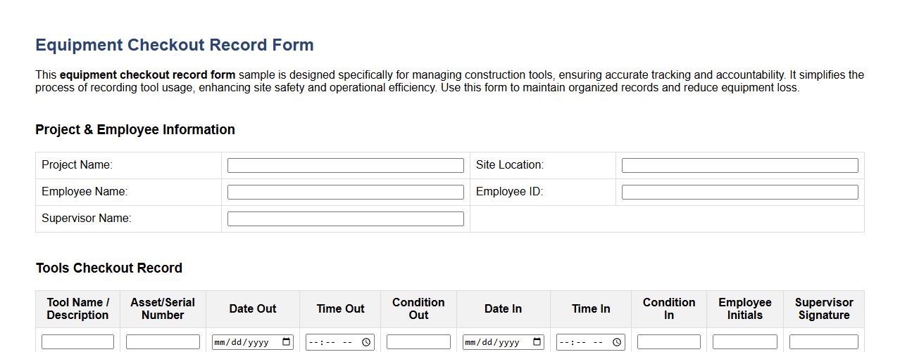 equipment checkout record form sample for construction tools image preview