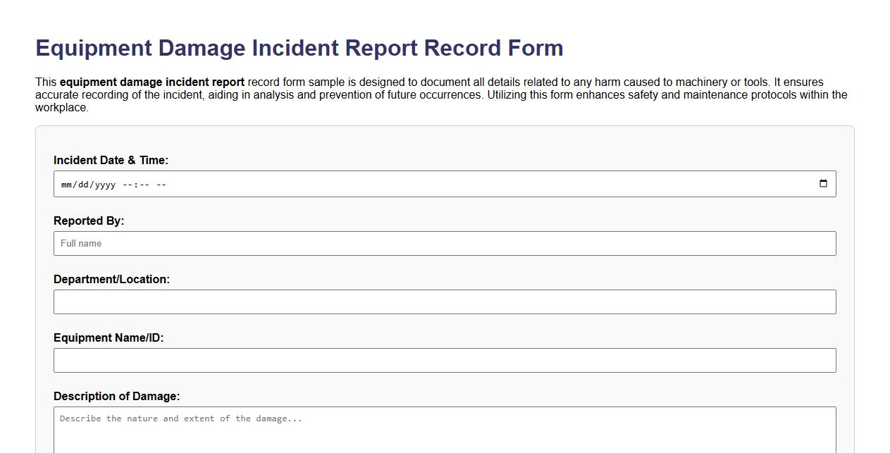 equipment damage incident report record form sample image preview