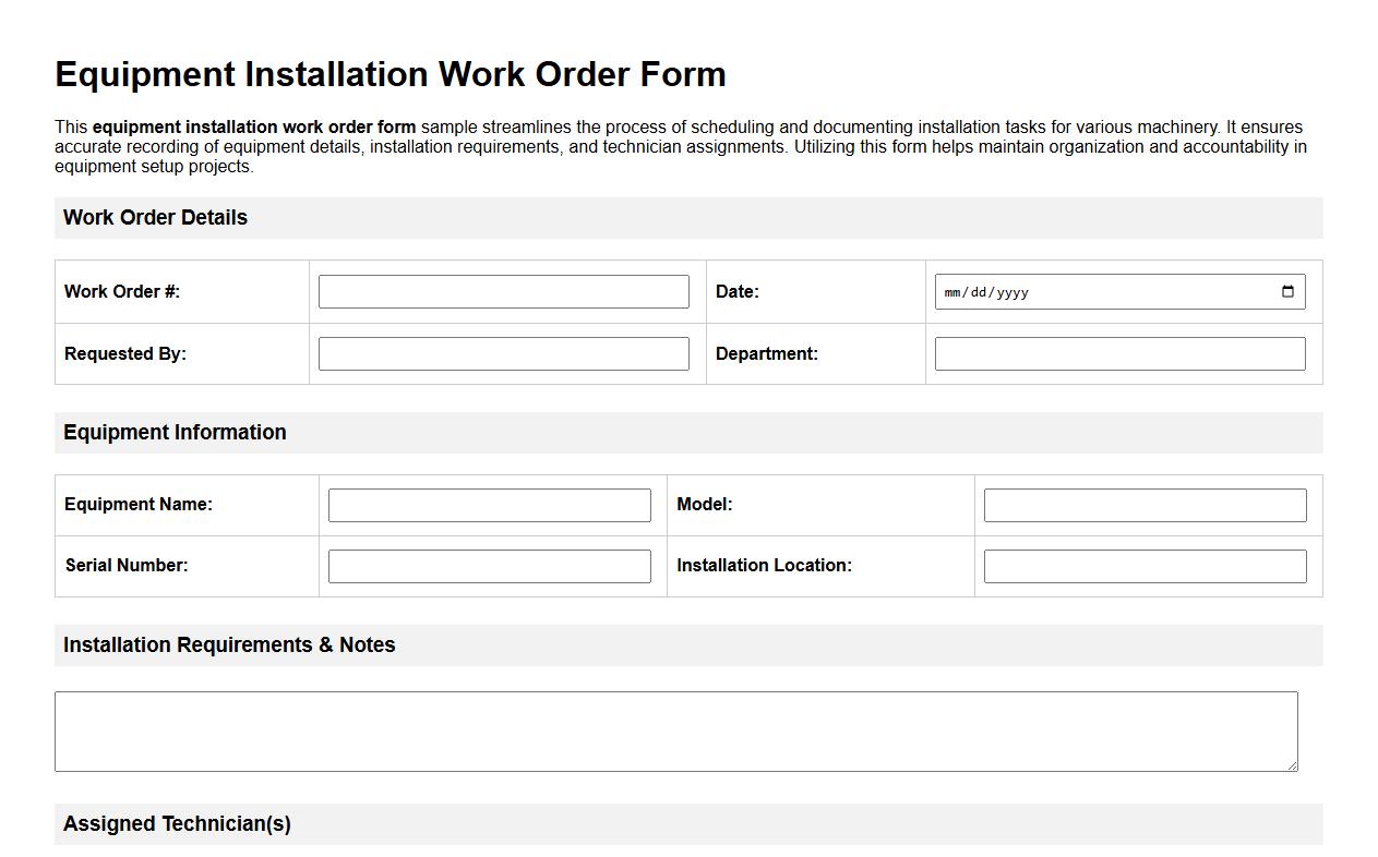equipment installation work order form sample image preview