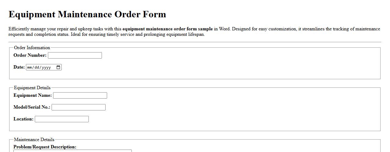 Equipment maintenance order form sample in Word image preview