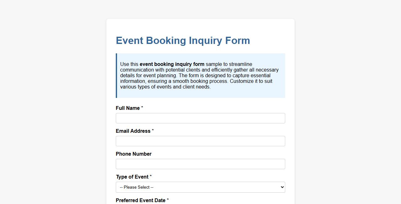 Event booking inquiry form sample image preview