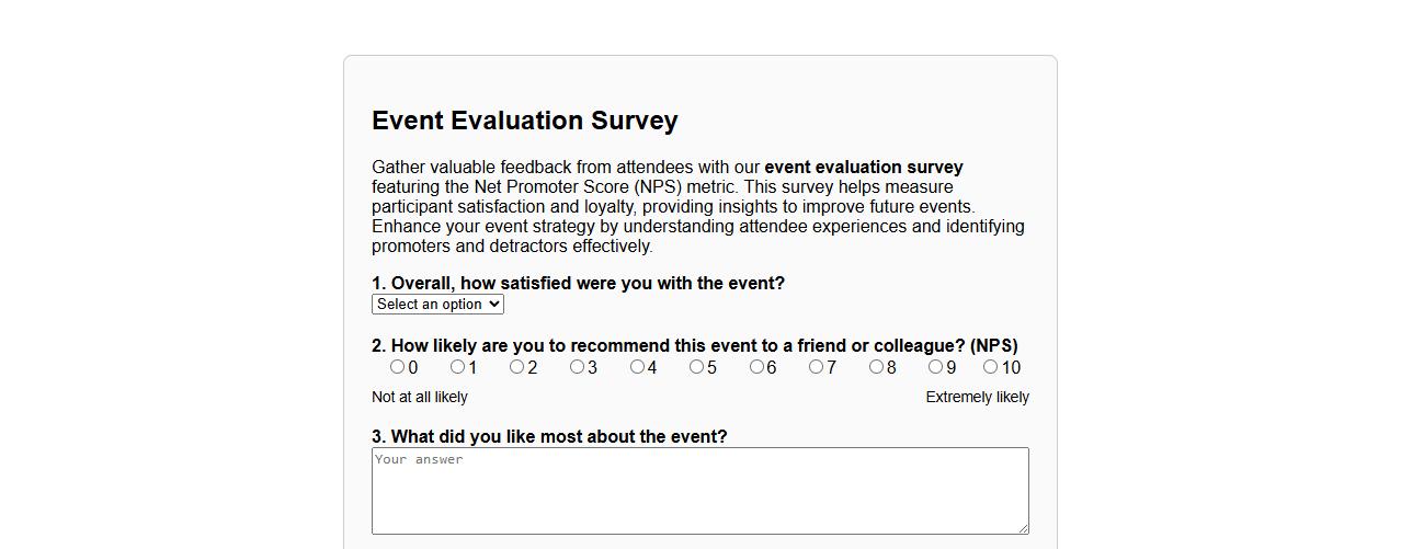 event evaluation survey with NPS (Net Promoter Score) image preview