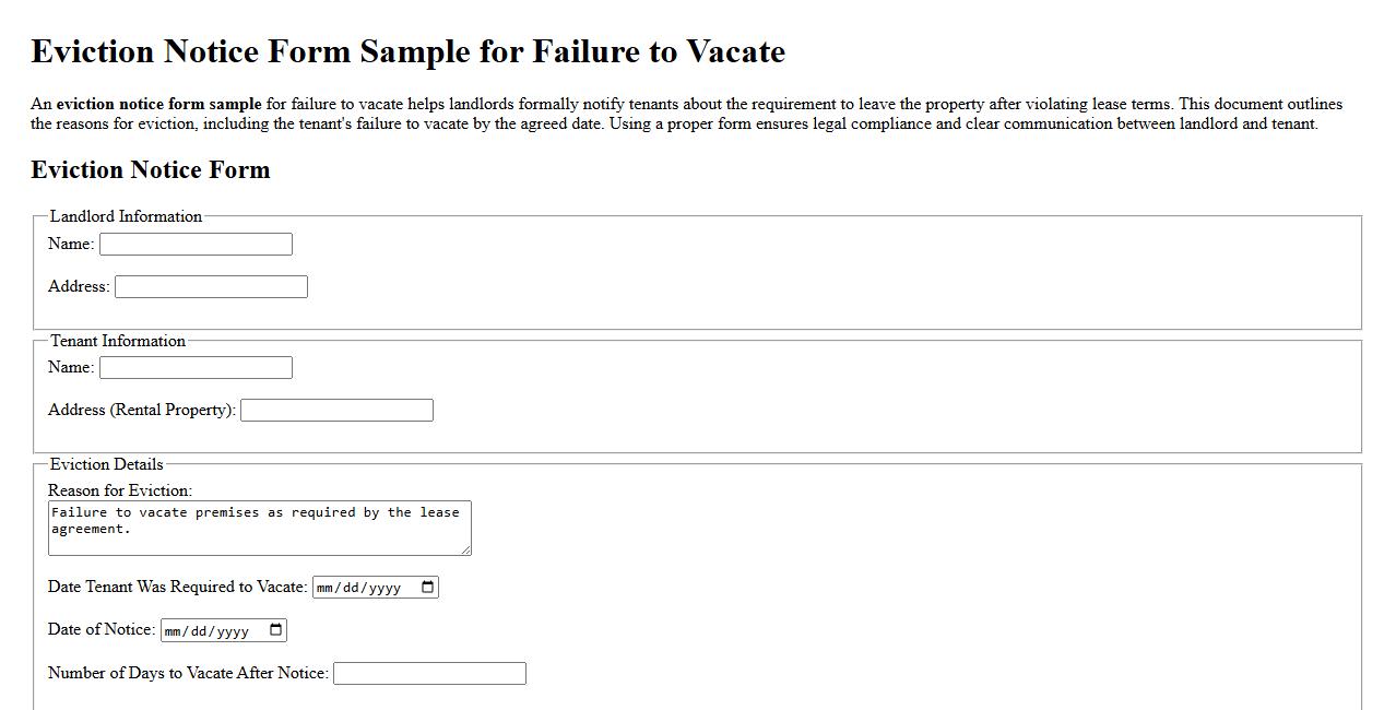 Eviction notice form sample for failure to vacate image preview
