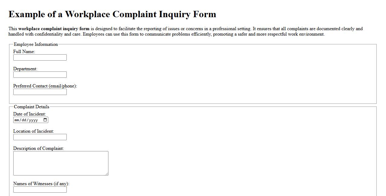 Example of a workplace complaint inquiry form image preview